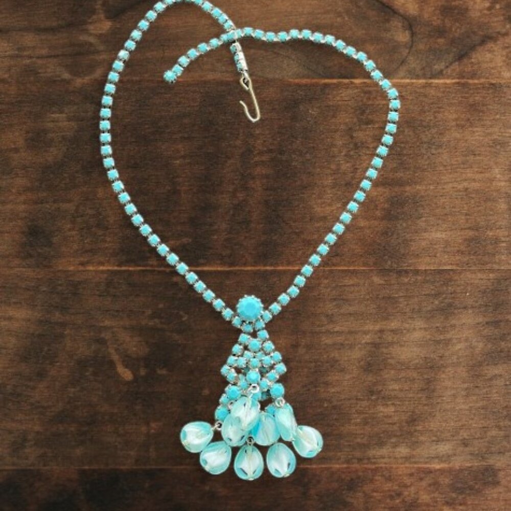 Vintage Turquoise Givre Glass Bead Tassel Choker Necklace Mid Century Retro